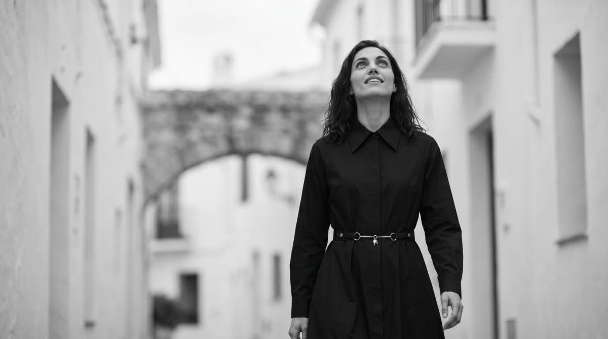Cheval Surprise film still, woman in a village square.