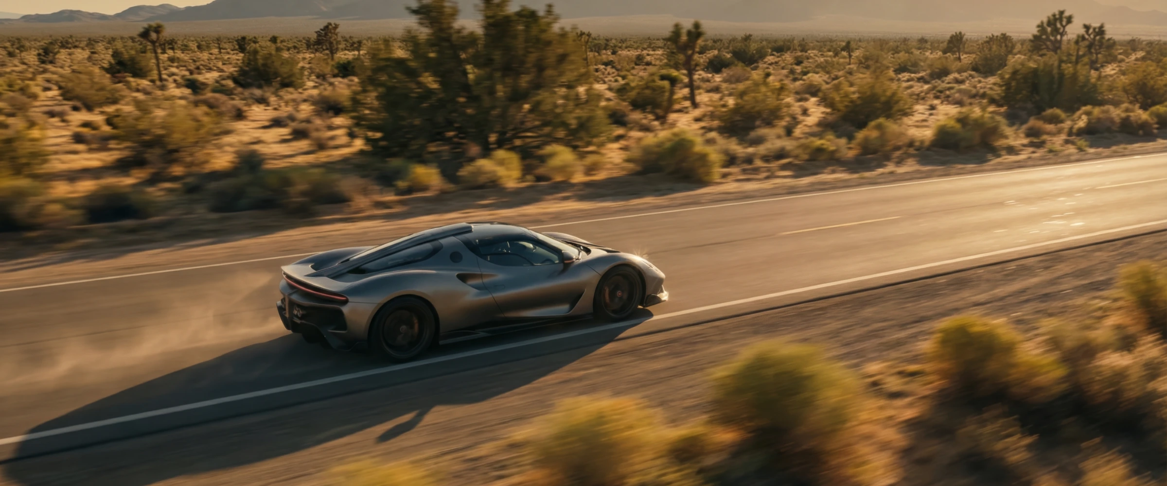 Red car on a mountain road at sunset, film header still.