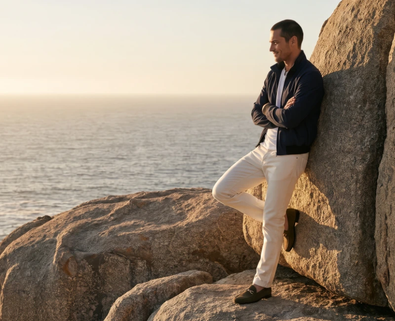 Man standing on rocks overlooking a landscape.