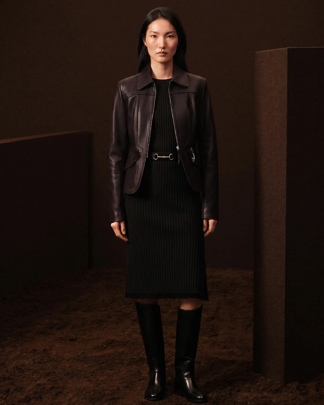 Recreated Hermès campaign image, dark soil and monolithic panel.