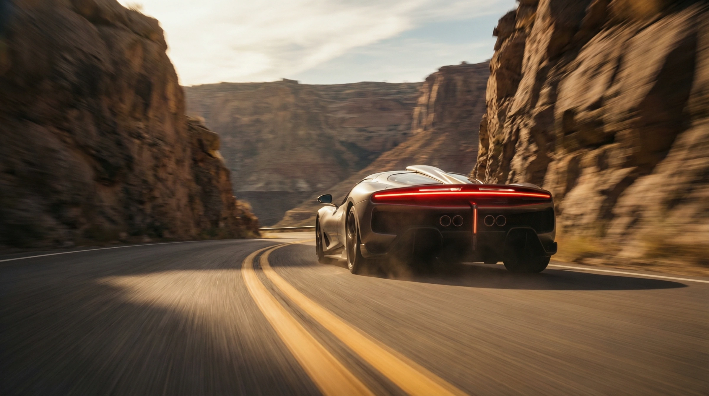 Supercar in a canyon, wide campaign crop.
